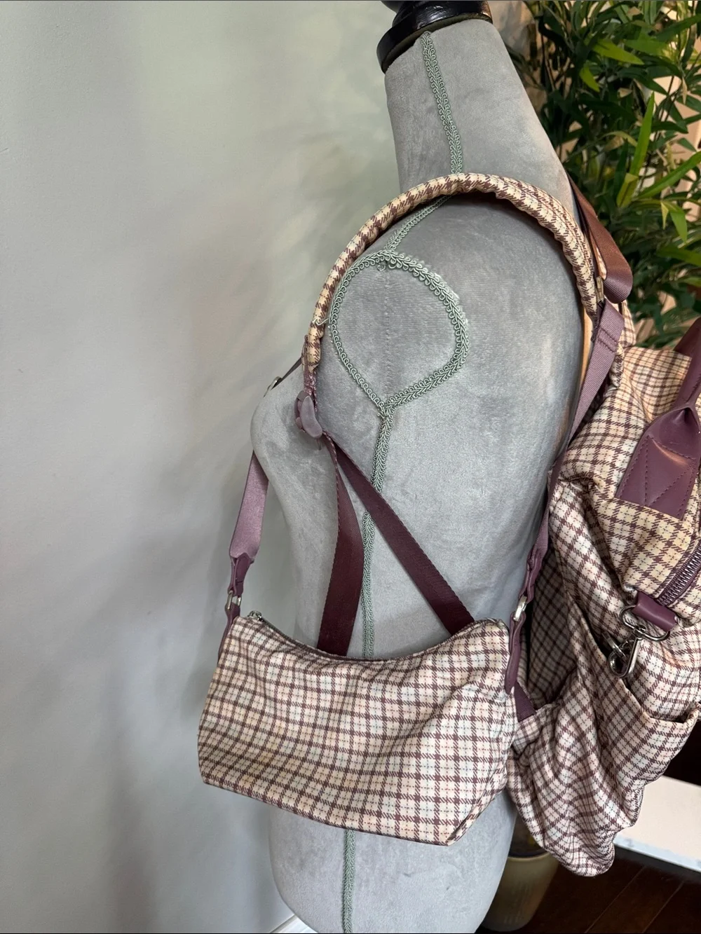 a new day Plaid Backpack and crossbody combo with purple Accents